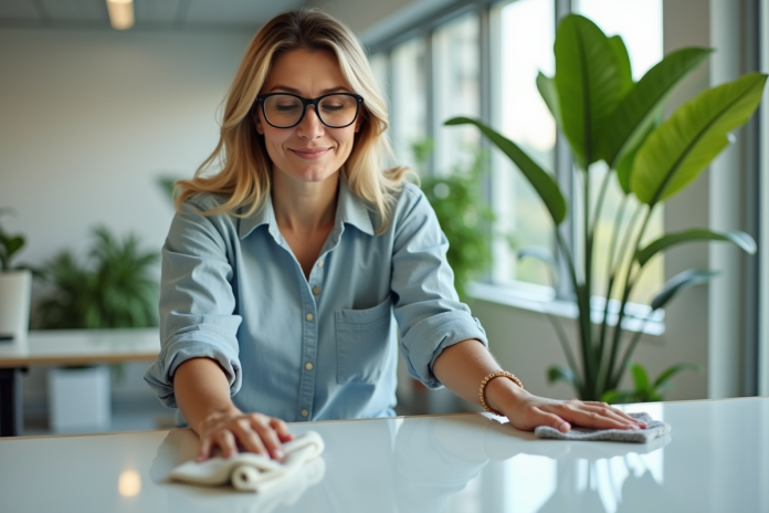 Femme en tenue écologique nettoyant un bureau moderne
