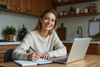 Femme souriante utilisant un ordinateur pour planifier ses vacances