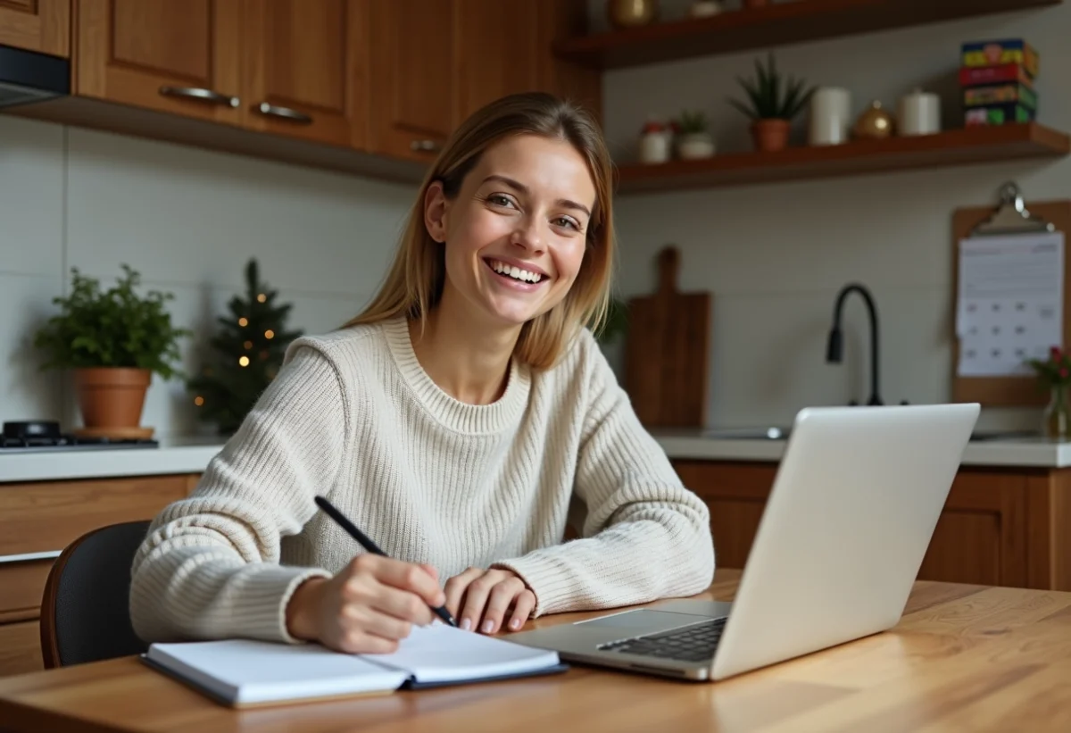 Femme souriante utilisant un ordinateur pour planifier ses vacances