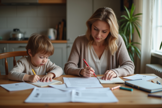 Femme remplissant des papiers à la maison avec un enfant à côté