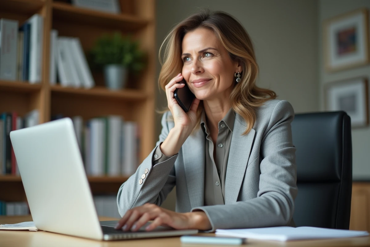 Femme professionnelle passant un appel téléphonique sortant sécurisé depuis son bureau