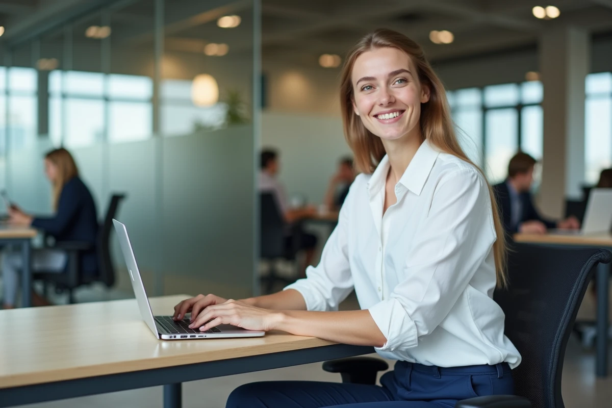 Jeune femme professionnelle travaillant sur un ordinateur dans un bureau moderne