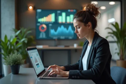 Jeune femme professionnelle travaillant sur un ordinateur dans un espace moderne