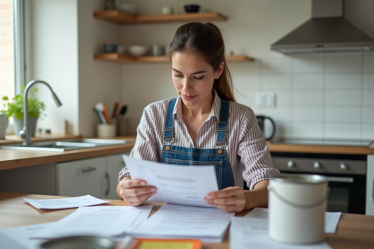 Jeune femme vérifiant des reçus après travaux de peinture