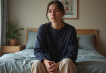 Femme pensant dans une chambre chaleureuse et décorée