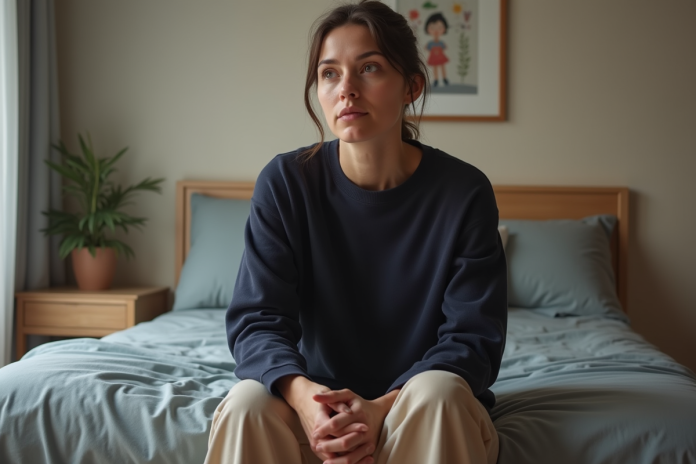 Femme pensant dans une chambre chaleureuse et décorée