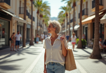 Femme française détendue avec sac réutilisable dans une ville espagnole