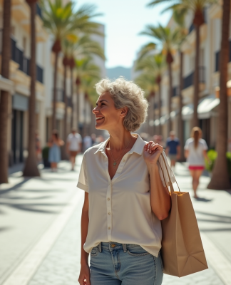 Femme française détendue avec sac réutilisable dans une ville espagnole