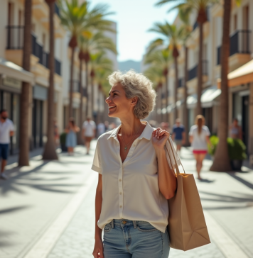 Où vivent la plupart des Français à l’étranger ? Découvrez les principales destinations Femme française détendue avec sac réutilisable dans une ville espagnole