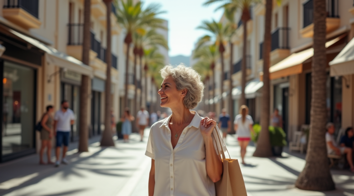 Femme française détendue avec sac réutilisable dans une ville espagnole