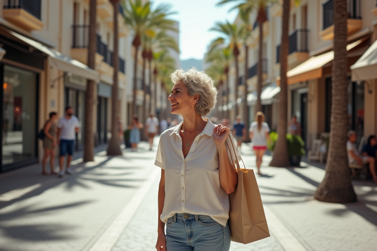 Femme française détendue avec sac réutilisable dans une ville espagnole
