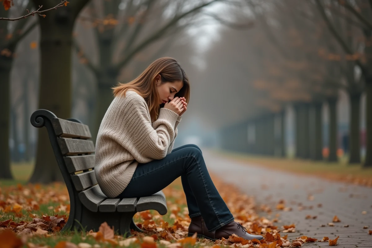 Femme seule assise sur un banc dans un parc automnal avec des feuilles tombées, exprimant la solitude et la tristesse