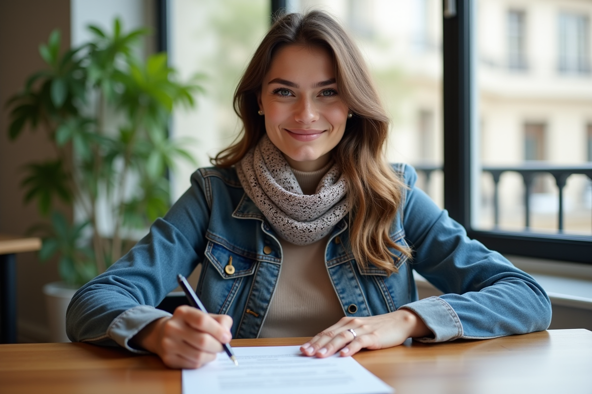 Femme signant documents dans un bureau notarial