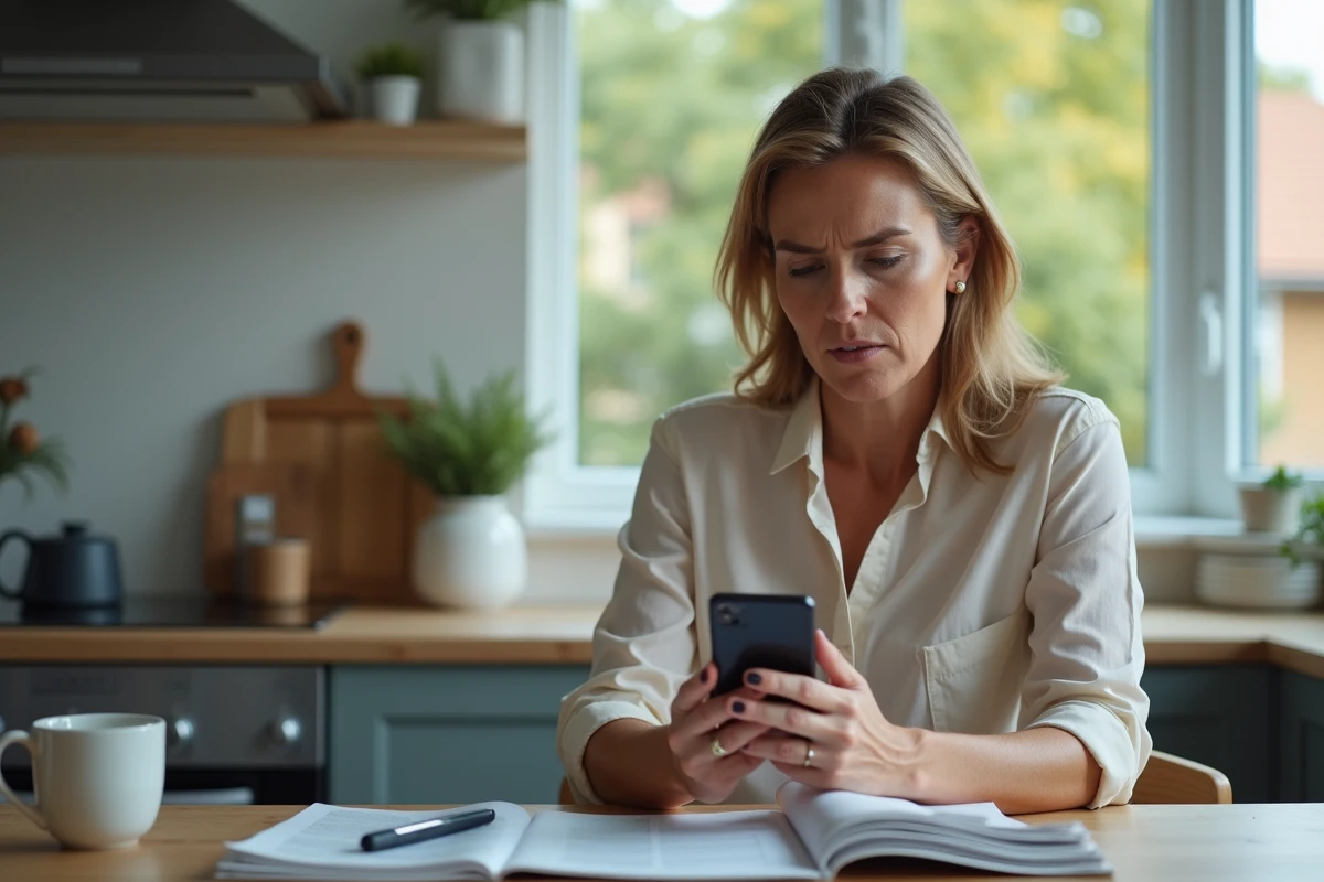 Femme d'âge moyen avec smartphone dans la cuisine