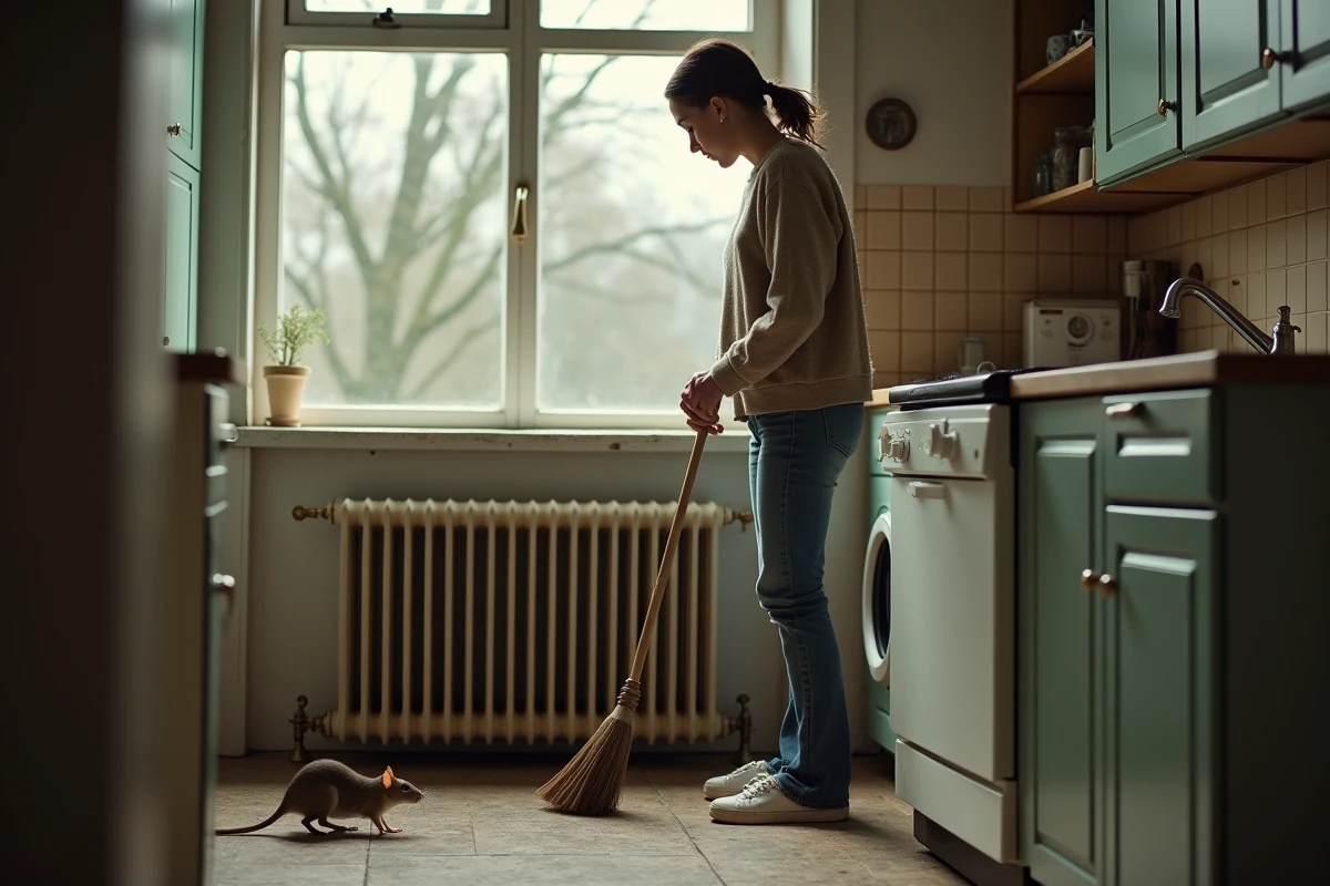 Jeune femme surprise face à un rat dans sa cuisine