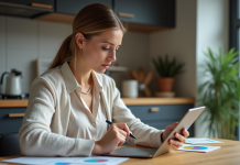 Jeune femme analysant des graphiques financiers à la maison