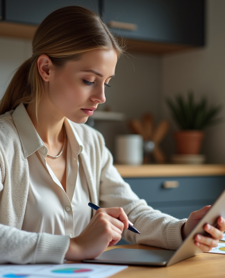 Jeune femme analysant des graphiques financiers à la maison