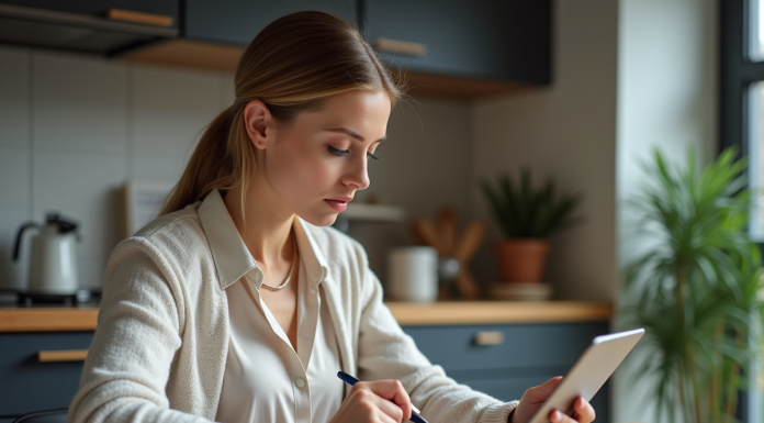Jeune femme analysant des graphiques financiers à la maison