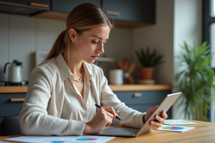 Jeune femme analysant des graphiques financiers à la maison
