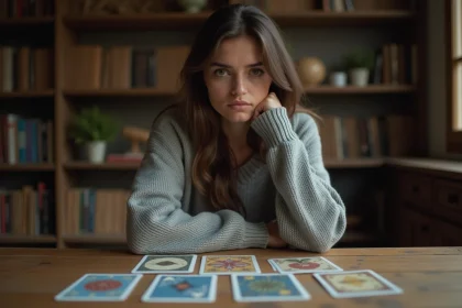 Femme contemplant des cartes de tarot contradictoires sur une table en bois, symbolisant la confusion lors d'une séparation de flamme jumelle
