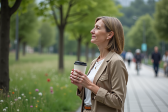 Femme d'affaires dans un parc urbain avec nature et ville