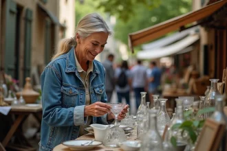 Femme en jean examine des objets anciens lors d'un marché en plein air