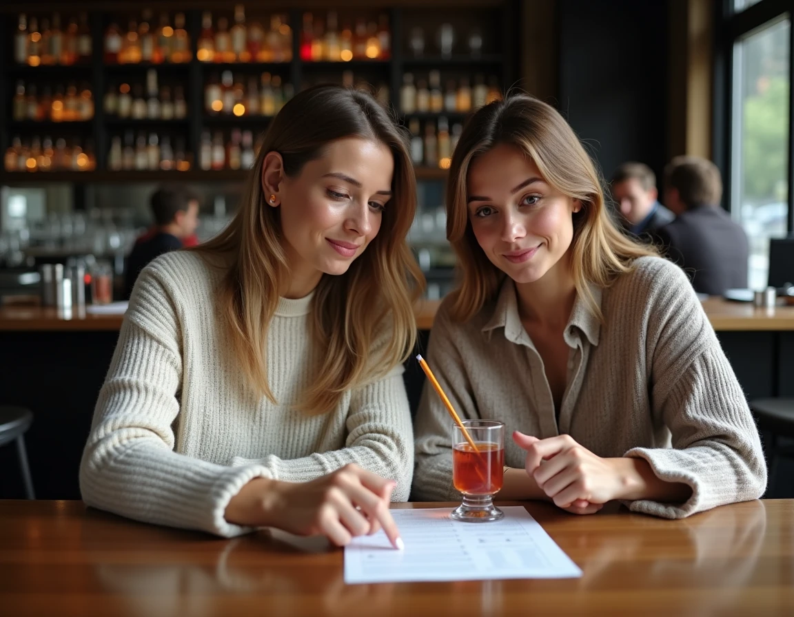Deux femmes consultant une fiche de règles adaptées du jeu Palmier Réglé au comptoir d'un bar