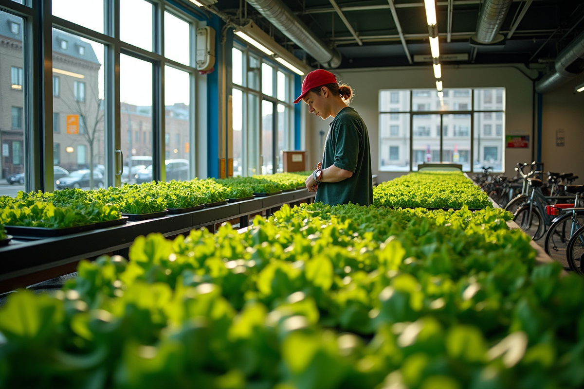 Ferme verticale intérieure avec jeune jardinier inspectant les légumes