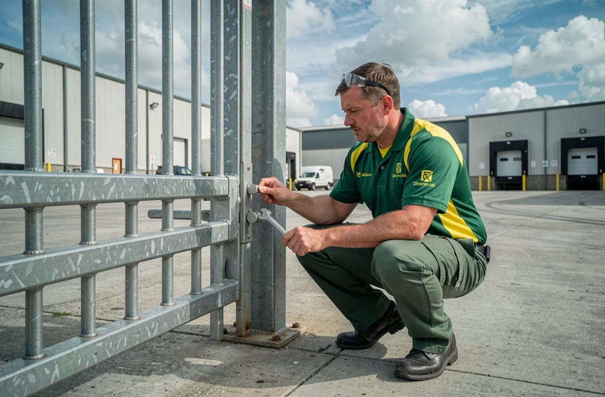 Serrurier Fervat installant un système de fermeture multipoints sur un portail industriel