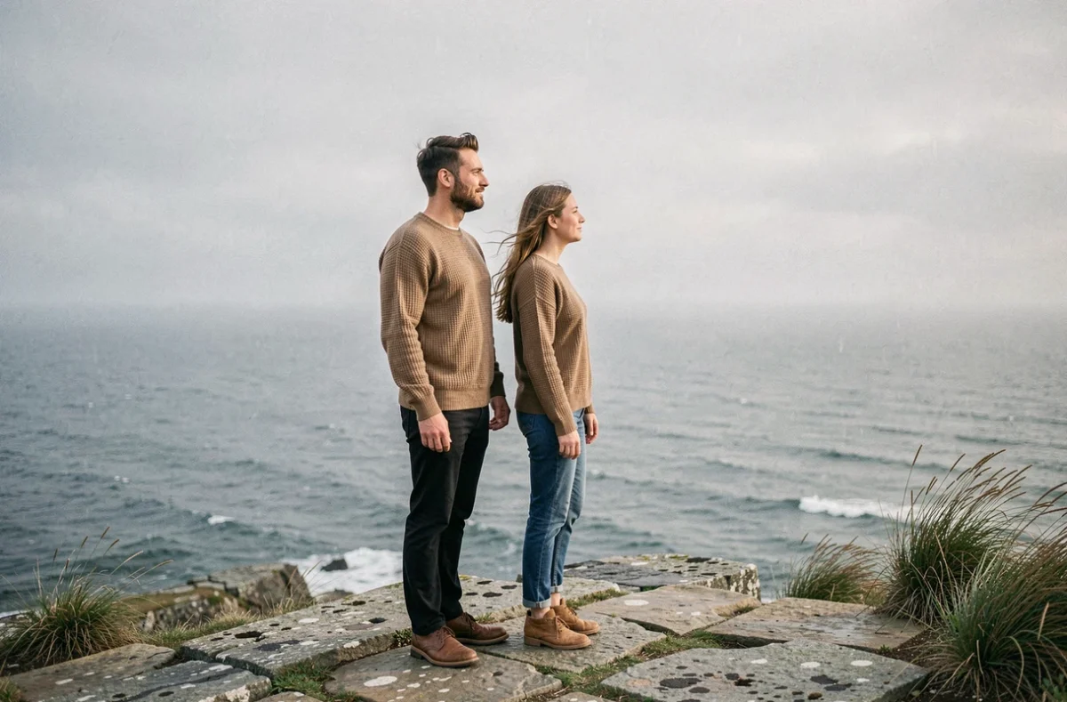 Un homme et une femme contemplant l'horizon sur une falaise côtière, symbolisant la recherche de la flamme jumelle et de l'âme sœur