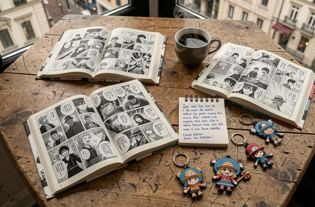 Flat lay de volumes manga One Piece ouverts avec notes de fan et café sur une table en bois