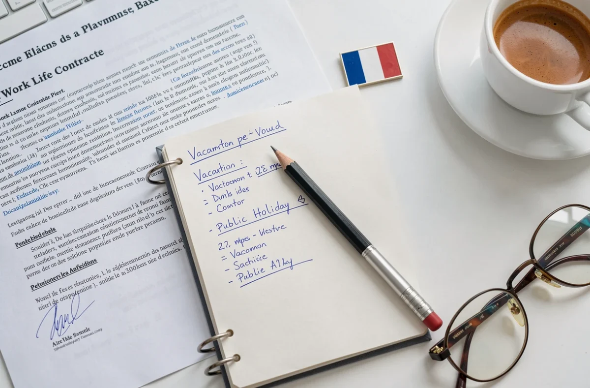 Vue aérienne d'un bureau avec contrat de travail, agenda annoté et drapeau français symbolisant les jours fériés