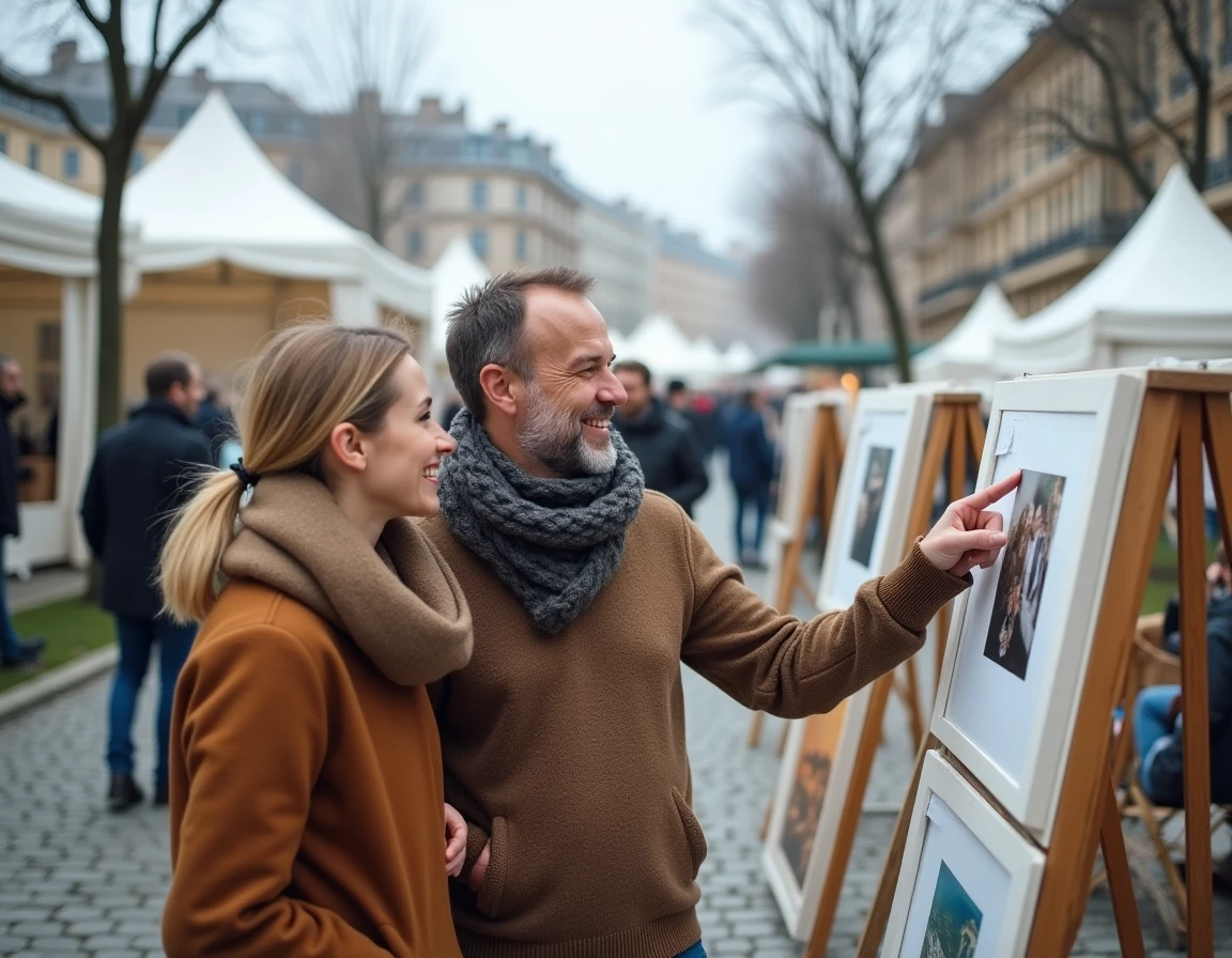 Couple visitant une foire d'art en plein air au bord de la Saône à Lyon le week-end