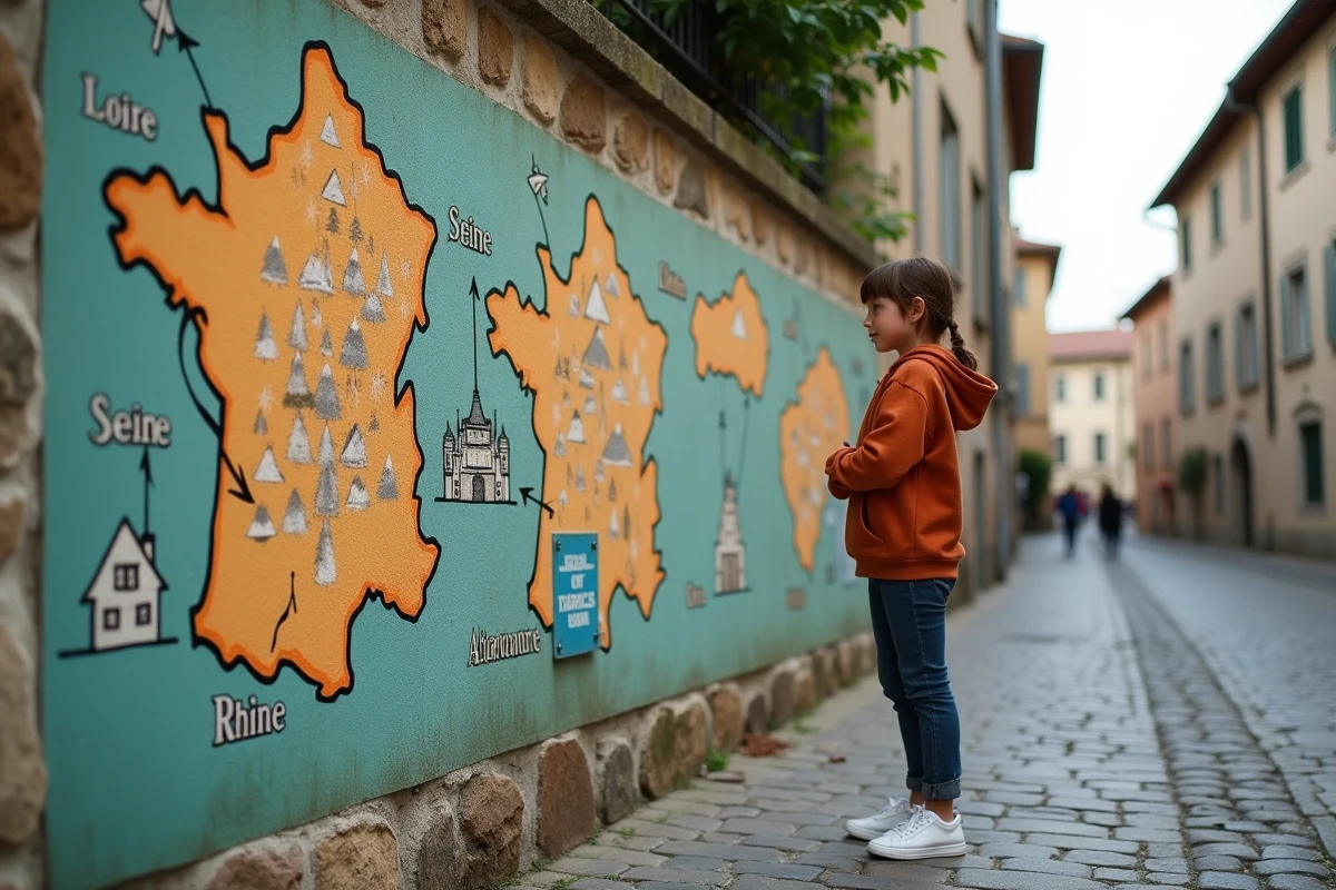 Jeune fille devant une fresque murale éducative illustrant les principaux fleuves de France dans une rue pavée