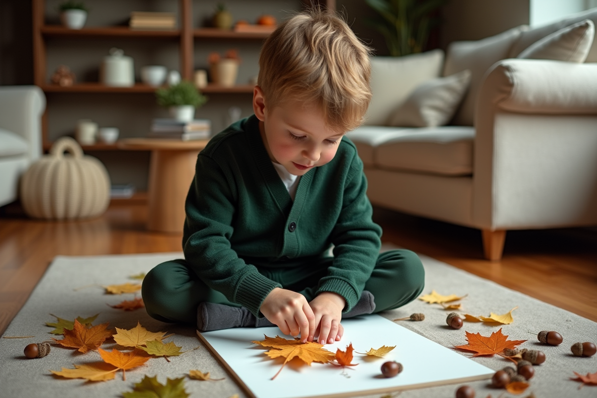 Garçon de 10 ans créant une œuvre avec feuilles et glands
