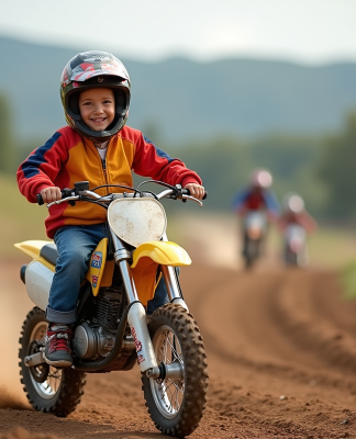 Garçon de 8 ans souriant sur une moto cross colorée