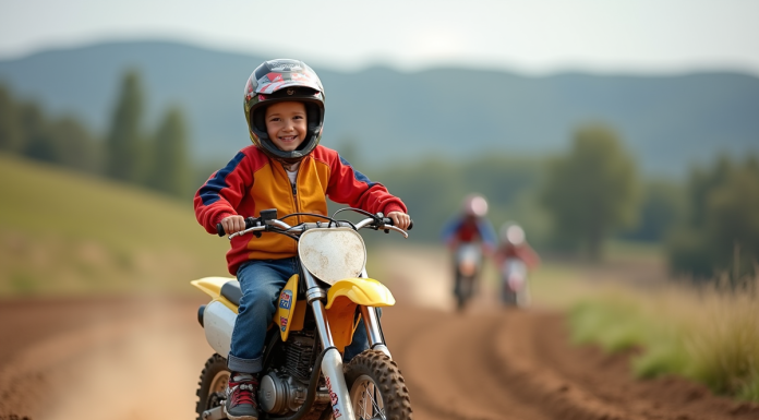 Garçon de 8 ans souriant sur une moto cross colorée