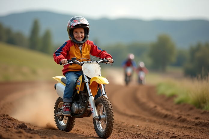 garcon-motocross-sourire Garçon de 8 ans souriant sur une moto cross colorée
