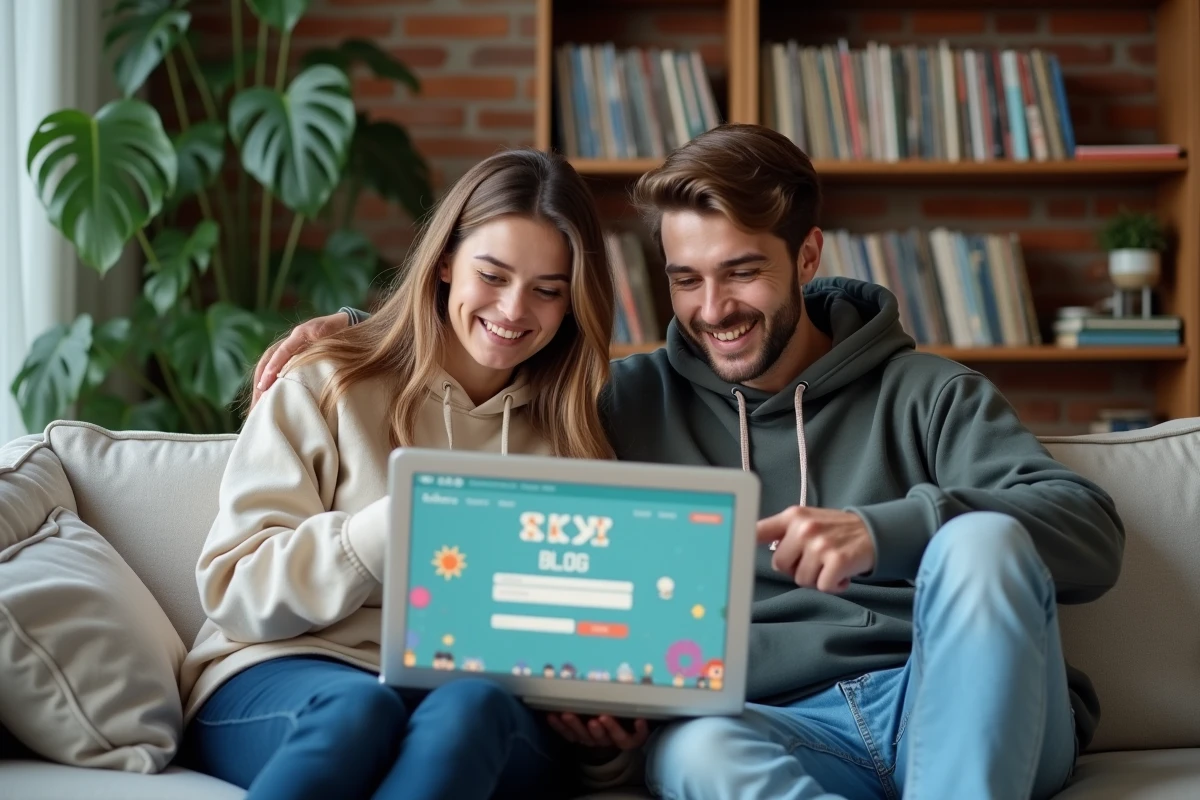 Deux jeunes adultes découvrant un ancien Skyblog sur un ordinateur portable dans un appartement moderne, évoquant la nostalgie des années 2000
