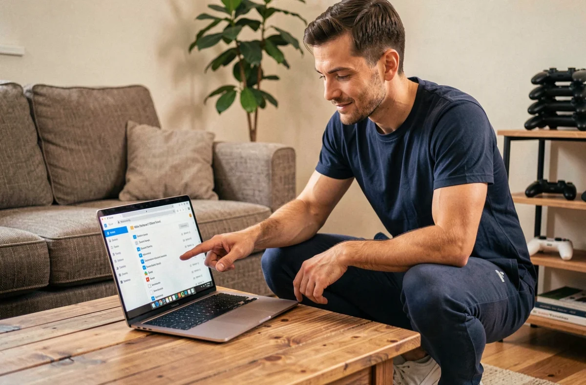 Homme consultant la structure de dossiers de contenu personnalisé pour Sims 4 sur un laptop dans un salon