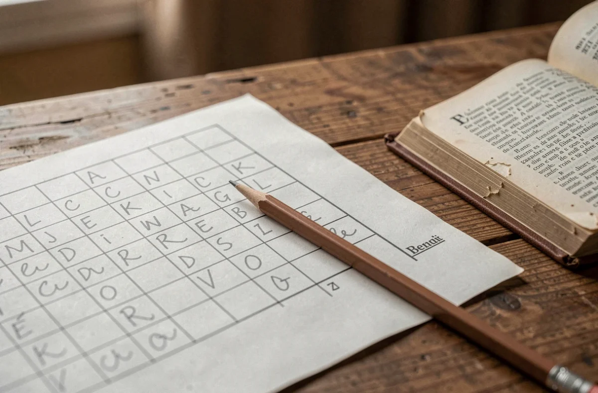 Gros plan d'une grille de mots fléchés partiellement complétée au crayon avec dictionnaire ouvert et crayon posé sur table en bois