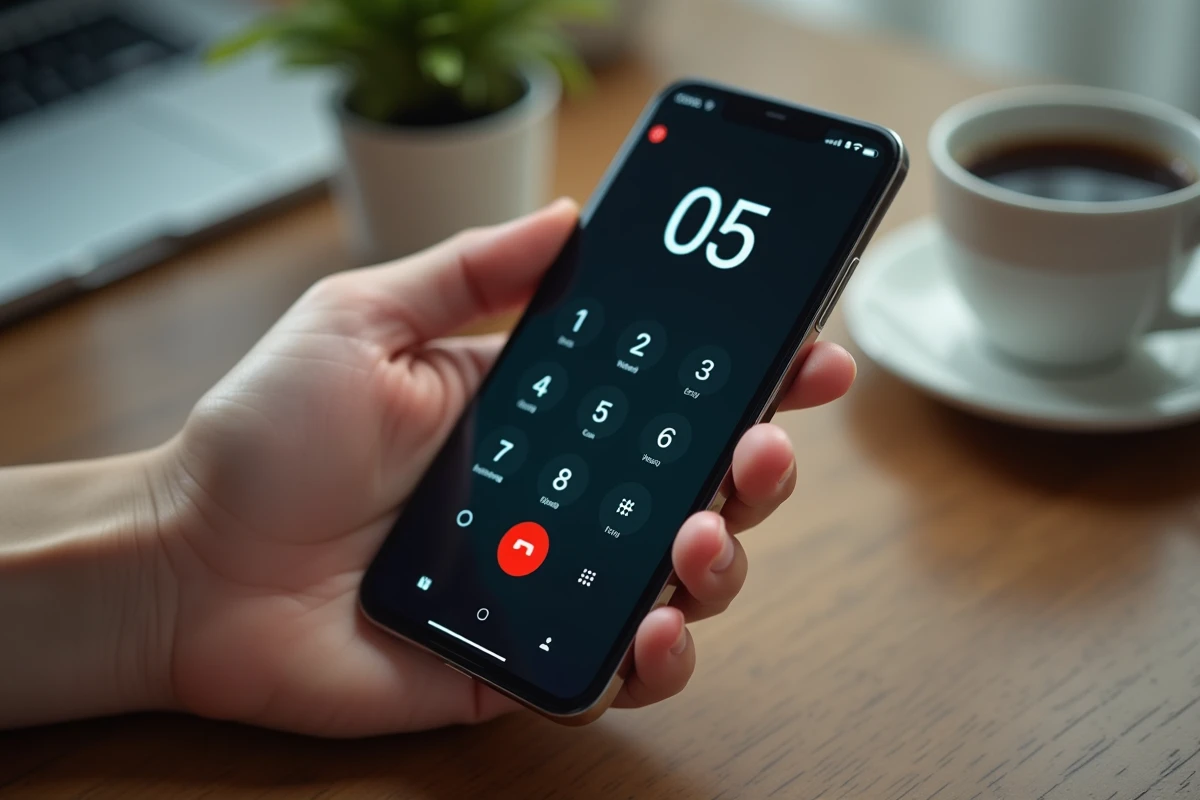Gros plan sur un smartphone affichant un numéro avec l'indicatif 05 prêt à être composé