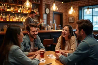 Groupe d'amis jouant au jeu Palmier Réglé autour d'une table de bar en bois avec cartes et feuilles de score