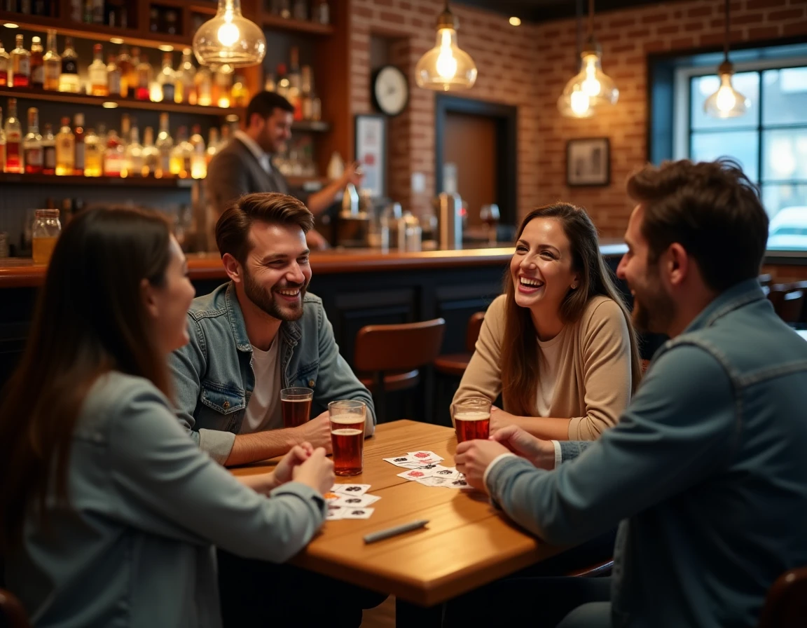 Groupe d'amis jouant au jeu Palmier Réglé autour d'une table de bar en bois avec cartes et feuilles de score