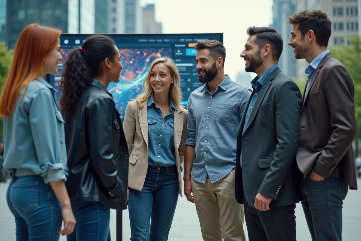 Groupe divers de collègues discutant autour d