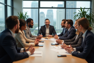 Groupe diversifié en réunion dans un bureau moderne