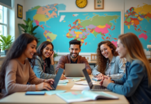 Groupe d'étudiants souriants autour d'une table avec cartes et ordinateurs