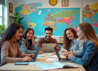Groupe d'étudiants souriants autour d'une table avec cartes et ordinateurs