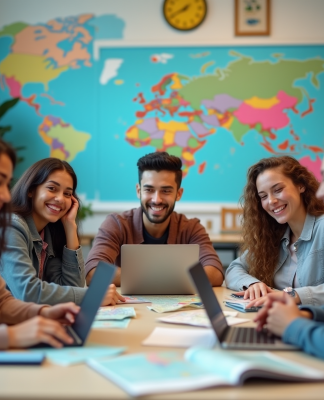 Groupe d'étudiants souriants autour d'une table avec cartes et ordinateurs