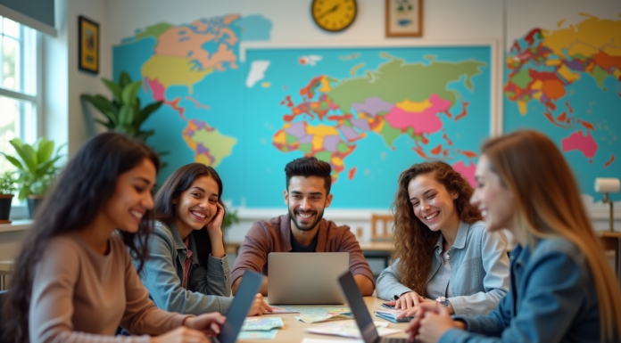 Groupe d'étudiants souriants autour d'une table avec cartes et ordinateurs